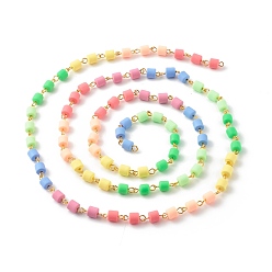 Colorful Handmade Polymer Clay Beaded Chains, with Iron Findings, Column, Unwelded, Colorful, 6x6mm, about 39.37 inch(1m)/strand