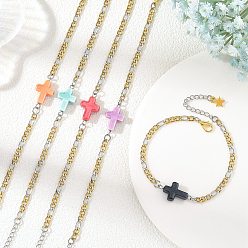 Mixed Color Handmade Porcelain Religion Cross Link Bracelets, Two Tone 304 Stainless Steel Figaro Chain Bracelets for Women, Golden and Stainless Steel Color, Mixed Color, 7.32 inch(18.6cm)