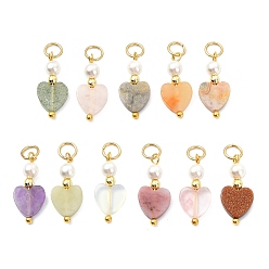 Piedra Mixta Colgantes de piedras preciosas naturales y sintéticas mezcladas, dijes de corazón con cuentas de perlas de concha, dorado, 22x8x4 mm, agujero: 4 mm