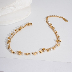 Настоящее золото 18K Элегантные 304 двухслойные цепочные браслеты на лодыжку из нержавеющей стали с искусственным жемчугом, белые, реальный 18 k позолоченный, 8-1/2 дюйм (215 мм)