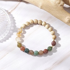 Натуральный Агат Круглые браслеты из натурального дерева, цитрина и индийского агата для женщин, внутренний диаметр: 2-1/4 дюйм (5.8 см)