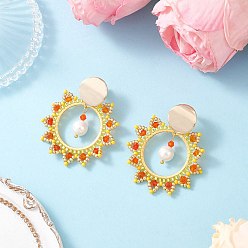 Желтый Серьги-гвоздики из латунного стекла с солнечными лучами, с жемчугом из раковины , золотые, желтые, 48.5x42 мм