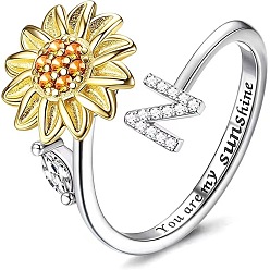 Letter N Регулируемые вращающиеся манжеты из латуни со стразами, письмо и подсолнух, Словом ты мое солнышко, Кольцо-спиннер для успокоения беспокойства, медитации, платина и светлое золото, Письмо N, внутренний диаметр: 15~20 мм