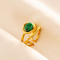 Малахит Регулируемые 304 манжеты из нержавеющей стали с открытыми кольцами для женщин, с синтетическим малахита, золотые, 15 мм, внутренний диаметр: 17 мм
