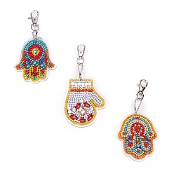 Mixed Color Acrylic Diamond Painting Hamsa Hand Pendant Keychain Kits, with Iron Findings, including Point Drill Plate, Point Drill Mud, Point Drill Pen, Ball Chain, Swivel Clasp, Mixed Color, 7~8cm, 3pcs/set