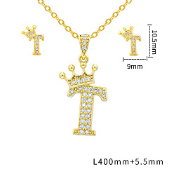 Letter T Наборы подвесок и сережек-гвоздиков из латуни с микропаве из прозрачных кубических цирконий., золотые, письмо с короной, Письмо T, 10.5x9 мм и 400 мм