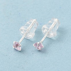 Pink Серьги-гвоздики с кубическим цирконием и бриллиантами, 925 ювелирные изделия из стерлингового серебра для женщин, серебряные, 13x3 мм, штифты : 0.8 мм