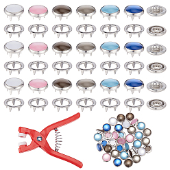 Platinum Resin Snap Buttons, Brass Garment Buttons, with ABS Plastic Five Claw Press Button Snap Fastener Pliers, Flat Round, Platinum, 10x6mm