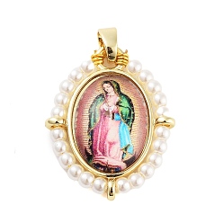Зеленый Подвески из латуни с эмалью в стойку, с пластиковой имитационной жемчужиной, долговечный, без кадмия и без свинца, реальный 18 k позолоченный, овал с подвеской девы марии, зелёные, 28x22.5x6 мм, отверстие : 4.5x3.5 мм