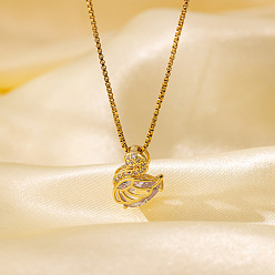 Лебедь Ожерелья с подвеской из латуни с микропаве и прозрачным кубическим цирконием для женщин, золотые, лебедь, 15.75 дюйм (40 см), Кулон : 16.8x13.3 мм