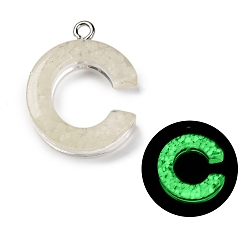 Letter C Светящиеся подвески смолы, светится в темноте, с платиновым покрытием петли, буквы, буква С, 23.5x18.5x6 мм, отверстие : 1.8 мм