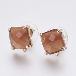 Sienna Faceted Glass Stud Earring Findings, with Loop, Light Gold Plated Brass Findings, Square, Sienna, 11x10x5mm, Hole: 1mm, Pin: 0.8mm