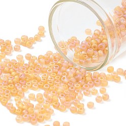 Light Salmon 12/0 Grade A Round Glass Seed Beads, Transparent Frosted Style, AB Color Plated, Light Salmon, 2x1.5mm, Hole: 0.8mm, about 30000pcs/bag