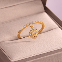 Луна Кольца для женщин с микропаве из латуни и кубическими цирконами, золотые, луна, 12x5 мм, размер США 8 (18.1 мм)