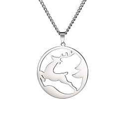 Stainless Steel Color 304 Stainless Steel Ring with Christmas Deer Pendant Necklaces for Unisex, Tarnish Free, Stainless Steel Color, 17.72 inch(45cm)