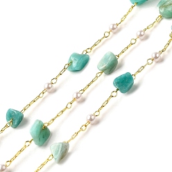 Амазонит Цепочки из бусин ручной работы с натуральными самородками амазонита, пайки, с бусинами из АБС-пластика и фурнитурой из латуни с покрытием из стойки, долговечный, без свинца и без кадмия, с катушкой, реальный 18 k позолоченный, 4~7x6~12x3~5 мм