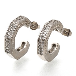 Платина Серьги-гвоздики из латуни c-образной формы с прозрачным паве из кубического циркония, без свинца и без кадмия, долговечный, платина, 19x4 мм