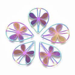 Rainbow Color Ионное покрытие (ip) 304 филигранные подвески из нержавеющей стали, гравированные металлические украшения, слеза, с бабочкой, Радуга цветов, 25.5x19x0.4 мм, отверстие : 1.2 мм