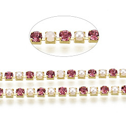 Rose Brass Rhinestone Strass Chains, with ABS Plastic Imitation Pearl, Rhinestone Cup Chain, Grade A, Raw(Unplated), Rose, 2x2mm, 4000pcs rhinestone/bundle, about 32.8 Feet(10m)/bundle