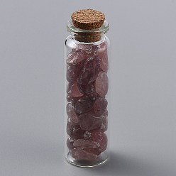 Strawberry Quartz Glass Wishing Bottle Pendant Decorations, with Natural Strawberry Quartz Chips Inside and Cork Stopper, 69.5~70.5x22mm