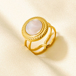 Настоящее золото 18K 304 Открытые кольца-манжеты из нержавеющей стали с натуральными ракушками для женщин, круглые, реальный 18 k позолоченный, 15 мм, внутренний диаметр: 17 мм