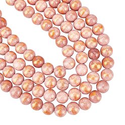 Salmon Foncé Brins de perles de jade mashan naturelles , une feuille d'or, teint, ronde, saumon noir, 8mm, Trou: 1mm, Environ 50 pcs/chapelet, 15.75 pouce (40 cm), 2strand / boîte