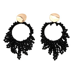 Черный Плоские круглые серьги-гвоздики из латунных стеклянных бусин, золотые, чёрные, 97x50 мм