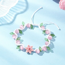 Pink Плетеные браслеты из бусин ручной работы из фарфора, кошачьего глаза и акрила, регулируемый плетеный нейлоновый браслет для женщин, розовые, внутренний диаметр: 2-1/4~2-3/4 дюйм (5.6~7 см)