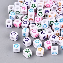 Mixed Color Opaque Acrylic Beads, Moon & Star & Heart & Flower Craft Cube Beads, Mixed Color, 6x6x6mm, Hole: 3.5mm, about 3571pcs/500g