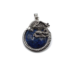 Lapis Lazuli Natural Lapis Lazuli Pendants, with Antique Silver Alloy Finding, Flat Round with Skull Charms, 40x35mm