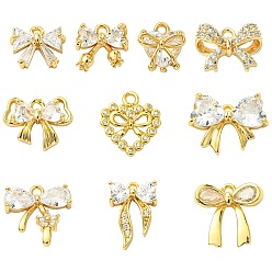Золотой 10 шт 10 стили латунные подвески из микропаве с фианитом, бантом прелести, золотые, 8~13x8.5~14.5x2~6 мм, отверстие : 1~1.5 мм, 1 шт / стиль