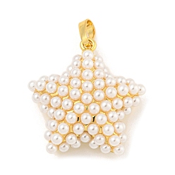 Звезда Покрытие стойки, подвески из латуни и АБС-пластика с имитацией жемчуга, без кадмия и без свинца, долговечный, реальный 18 k позолоченный, звезда, 26x25x9.5 мм, отверстие : 5x3.5 мм