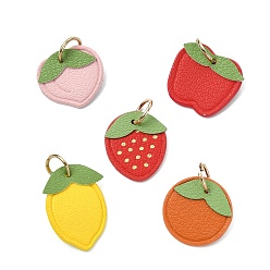 Mixed Shapes 10Pcs 5 Styles Fruit Series Microfiber Leather Pendants, with Zinc Alloy Rings, Golden, Mixed Shapes, 34~43mm, Hole: 10mm, 1pc/style
