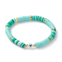 Аквамарин Бусины хейши из полимерной глины эластичные браслеты, с бусинами из акриловой эмали в форме сердца и латунными бусинами, аквамарин, внутренний диаметр: 2-1/4 дюйм (5.7 см)