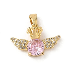 Pink Латунные микро проложить кубического циркония подвески, плоские круглые с крылом, реальный 18 k позолоченный, розовые, 12x18x6 мм, отверстие : 4.5x2.5 мм