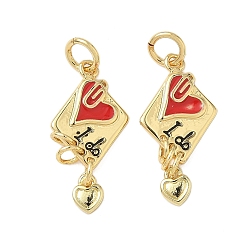 Красный Латунь эмаль подвески, сердце с подвесками-конвертами, с целью перехода в кольце, без свинца и без кадмия, долговечный, стойки покрытие, реальный 18 k позолоченный, красные, 20.5x10.5x1.5 мм, отверстие : 3.4 мм