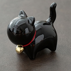Black Ceramic Cat Figurines with Bell, for Home Office Desktop Decoration, Black, 70x33x56mm