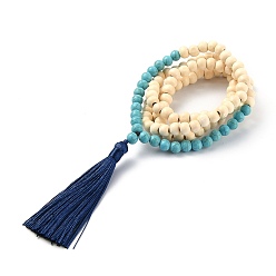 Synthetic Turquoise Dual-use Items, Four Loops Wrap Bracelets or Necklaces, with Polyester Tassel, Round Synthetic Turquoise Beads and Wood Beads, 33-7/8 inch(86cm)