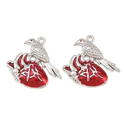 Platinum Rack Plating Alloy Enamel Pendants, Heart with Bird Charms, Cadmium Free & Nickel Free & Lead Free, Platinum, 27x28x4mm, Hole: 1.8mm