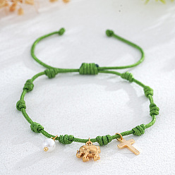 Зеленый Браслеты с подвесками из латуни и искусственного жемчуга, Браслеты из полиэстеровой нити, сплетенные для женщин, слон и крест и круг, золотые, зелёные