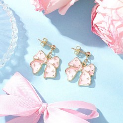 Pink Серьги эмали сплава, бантом, с 304 нержавеющей сталью и латунью, золотые, розовые, 25x21 мм
