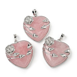 Розовый Кварц Подвески в форме сердца из натурального розового кварца, латунные цветочные обертки для любви, платина, 35x32x11.5 мм, отверстие : 8x5 мм