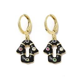 Schwarz Hamsa-Hand-Ohrhänger aus goldenem Messing, mit Zirkonia und Emaille, Schwarz, 29x13 mm