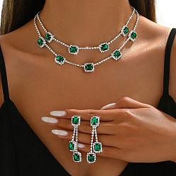 Изумруд Прямоугольное латунное ожерелье из двухслойной цепочки со стразами и серьги-гвоздики, платина, изумруд, 300 мм