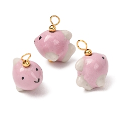 Pink Фарфора ручной работы подвески, рыбы прелести, ручная роспись, пастельный фарфор, с латунной найти, реальный 18 k позолоченный, розовые, 19~20x16~17x11.5~12 мм, отверстие : 2~3x3~4 мм