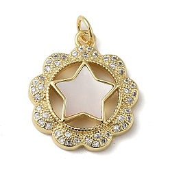 Real 18K Gold Plated Brass Micro Pave Cubic Zirconia Pendants, Cadmium Free & Lead Free, with Shell, Star, Real 18K Gold Plated, 21x18x3.5mm