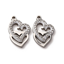 Нержавеющая Сталь Цвет 304 подвески из нержавеющей стали и глиняных страз, сердце, цвет нержавеющей стали, 19.5x12.5x2.5 мм, отверстие : 1.6 мм