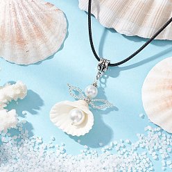 Белый Ожерелья с подвесками в виде ракушек, ангел, с бусинами из стеклянного жемчуга и вощеным хлопковым шнуром ожерелье для женщин, белые, 17.52 дюйм (44.5 см)