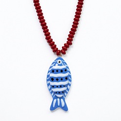Rojo Oscuro Collares de cuentas redondas con colgante de pez azul de resina para playa de verano para mujer, de color rojo oscuro, 23.62 pulgada (60 cm)