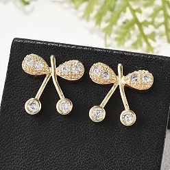 Вишня Женские серьги-гвоздики из латуни с микропаве и прозрачным кубическим цирконием, без кадмия и без свинца, долговечный, стойки покрытие, золотые, вишня, 13.5x13.5 мм